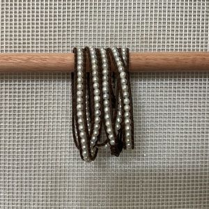 Chan Luu White Pearl Wrap Bracelet on Brown Leather
